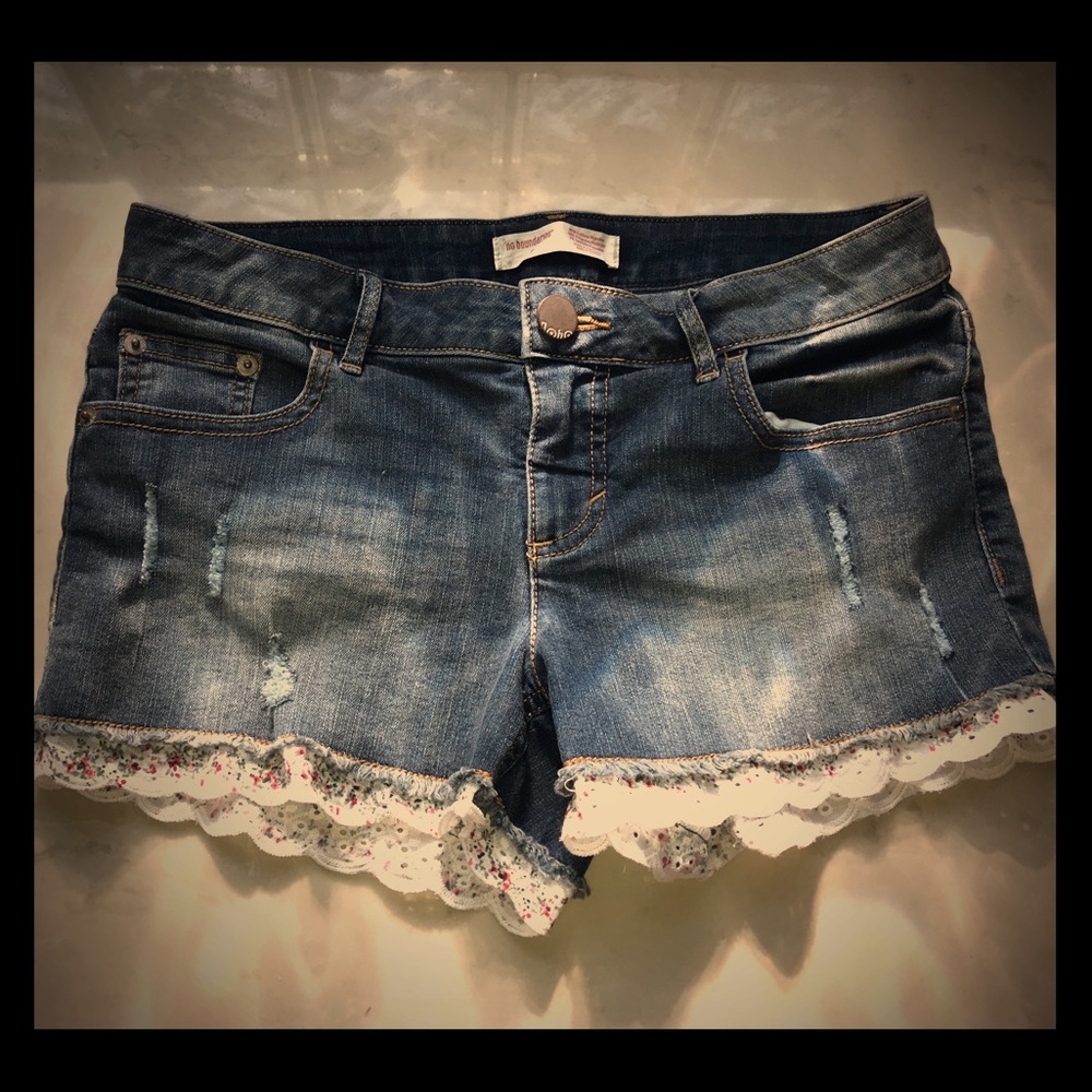 Denim Shorts with Floral Eyelet Ruffle Trim